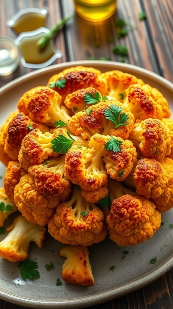 Roasted cauliflower with garlic and herbs, garnished with parsley on a rustic plate.